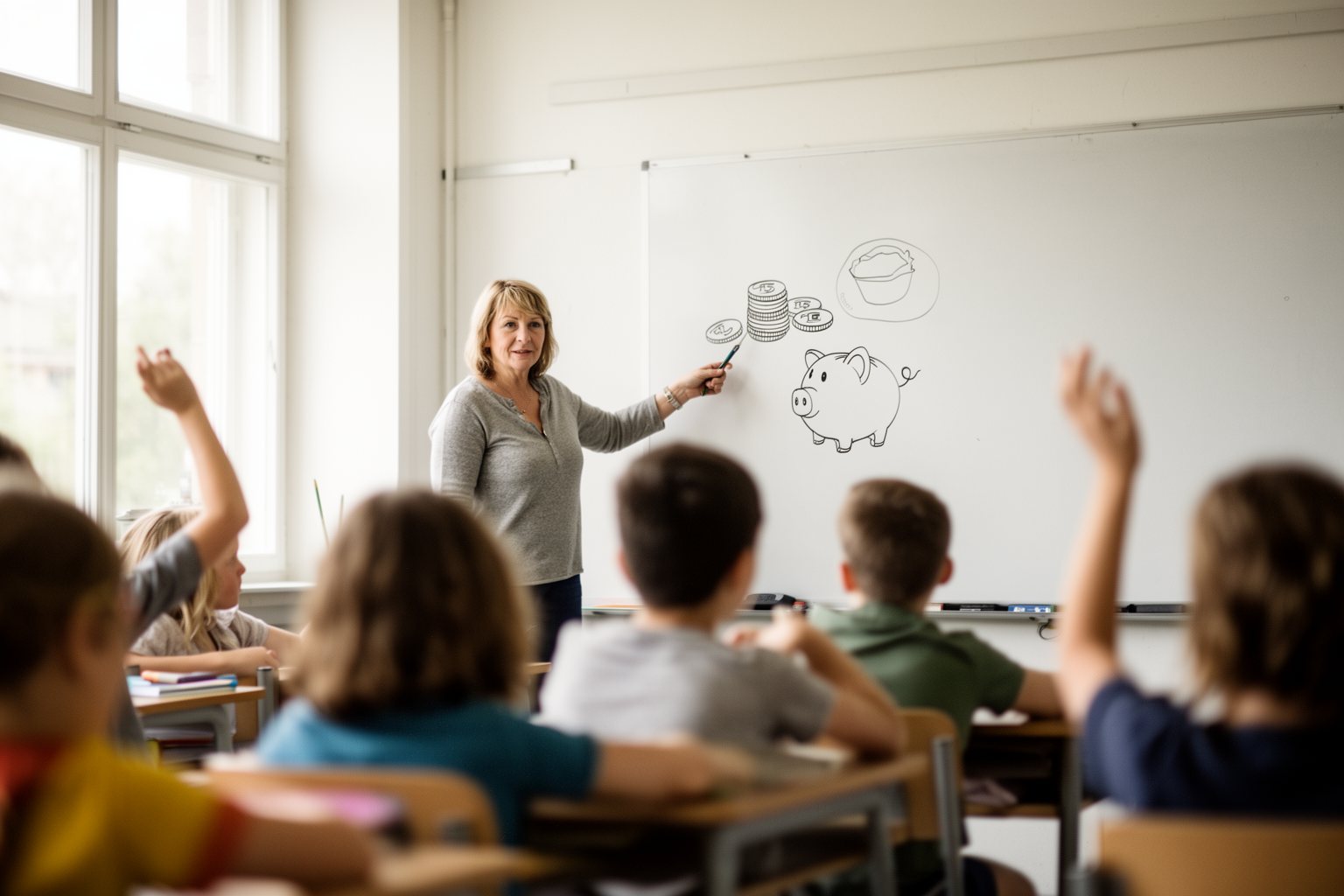 Financial Literacy for Kids: A Parent's Guide Teacher leading a money lesson at the front of a classroom