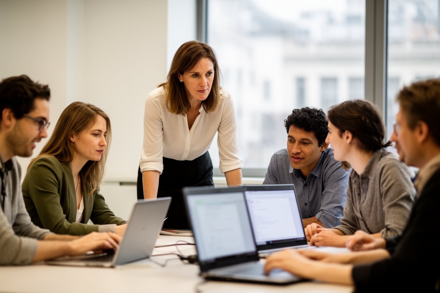Office team learning to use new AI tools together in a workshop session