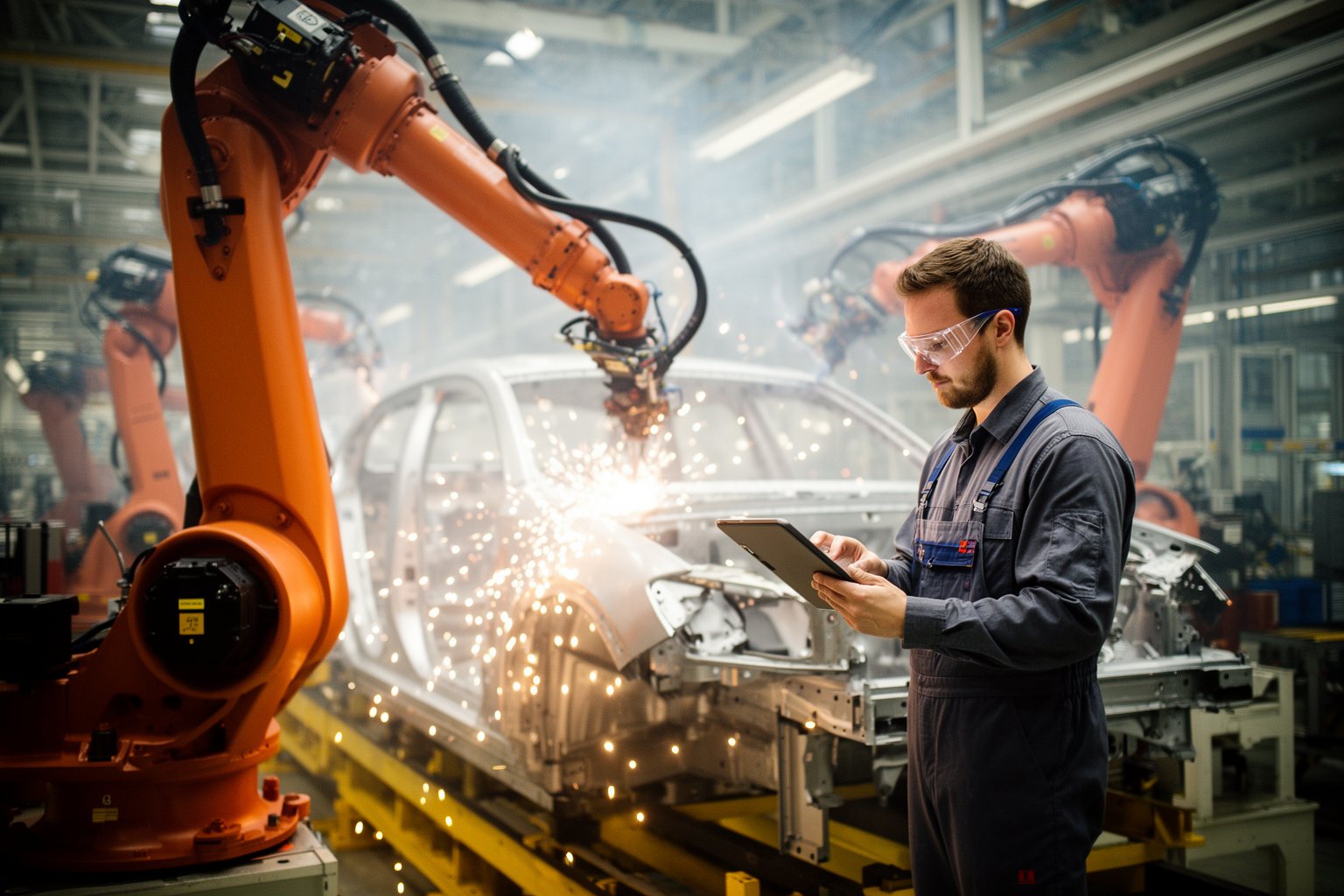 Technician checking robotic welding arms on a car factory assembly line