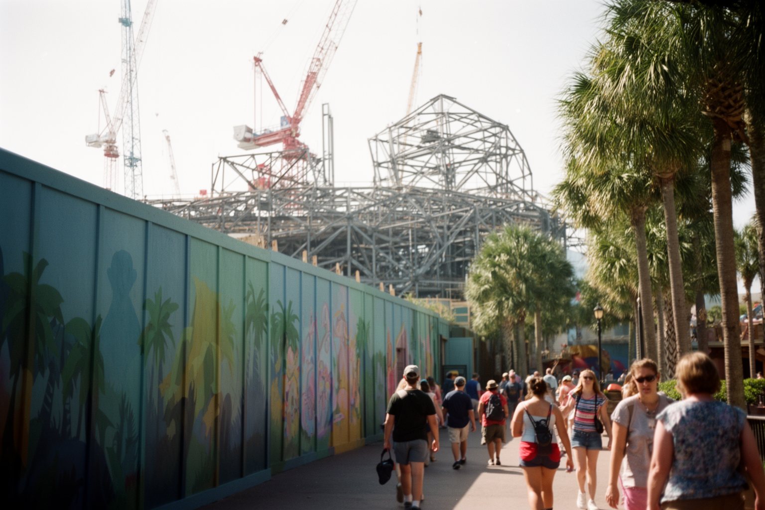 Is the Magic Kingdom Losing Its Sparkle? Visitors walking past construction walls and cranes where a new theme park ride is being built