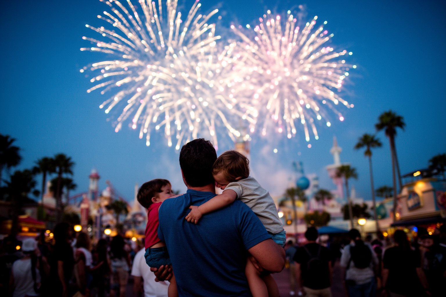 5 Best Family-Friendly Theme Parks Near Los Angeles Family watching fireworks over a Southern California theme park at dusk