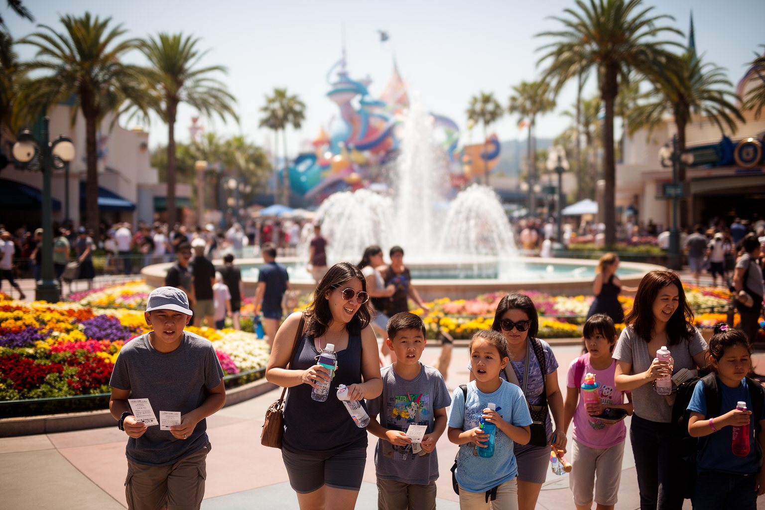 5 Best Family-Friendly Theme Parks Near Los Angeles Families walking through the entrance plaza of a theme park near Los Angeles on a sunny morning