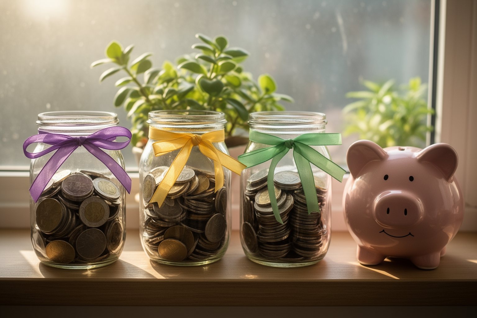 Financial Literacy for Kids: A Parent's Guide Three coin jars tied with coloured ribbons for saving, spending and sharing on a windowsill