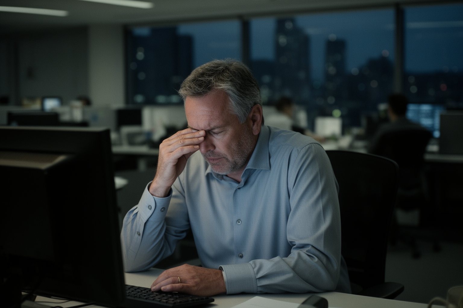 Tired professional rubbing his eyes at his desk late in an empty office