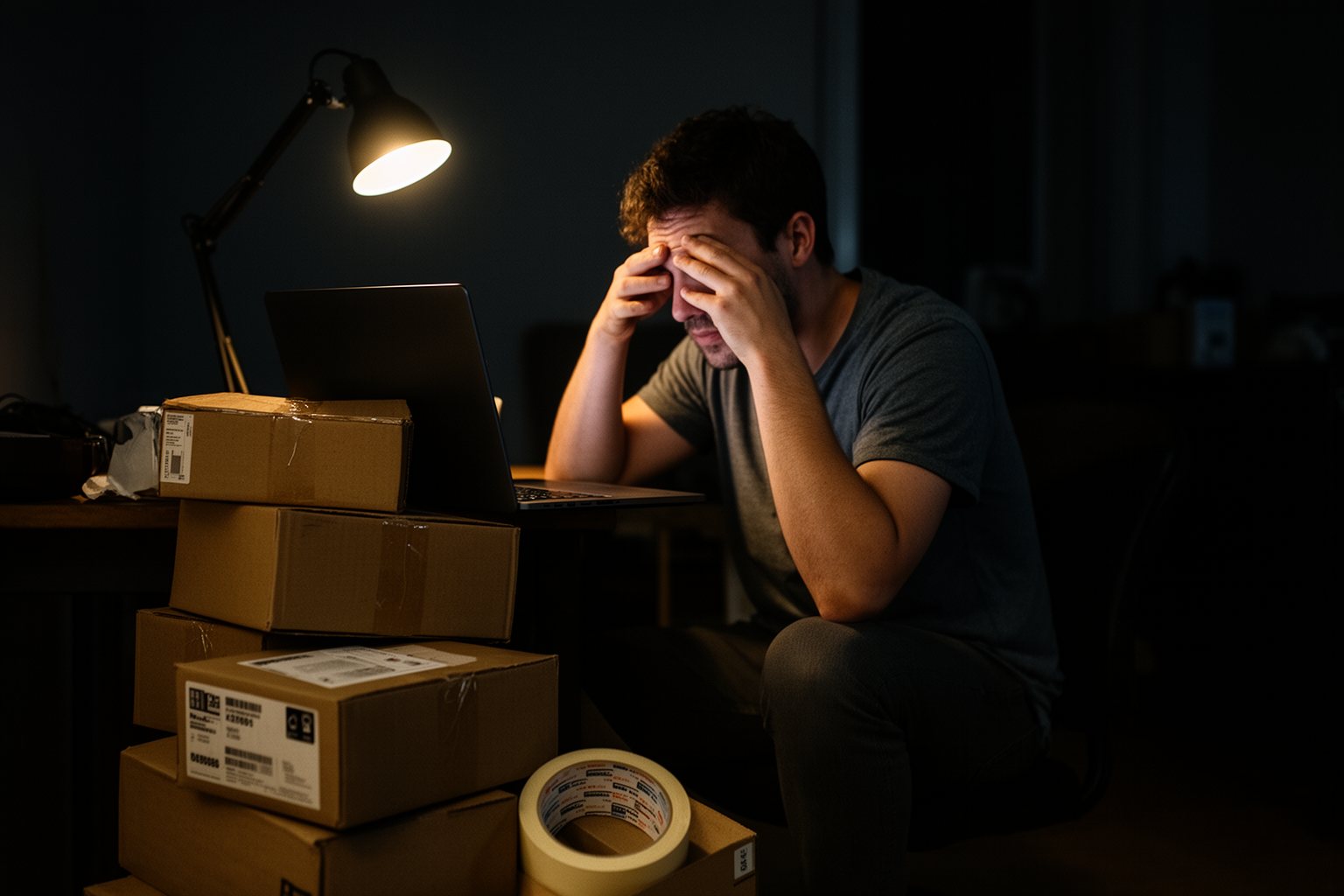 Online Wealth Creation: E-commerce, Blogging and Crypto Tired online seller working late at night among returned parcels