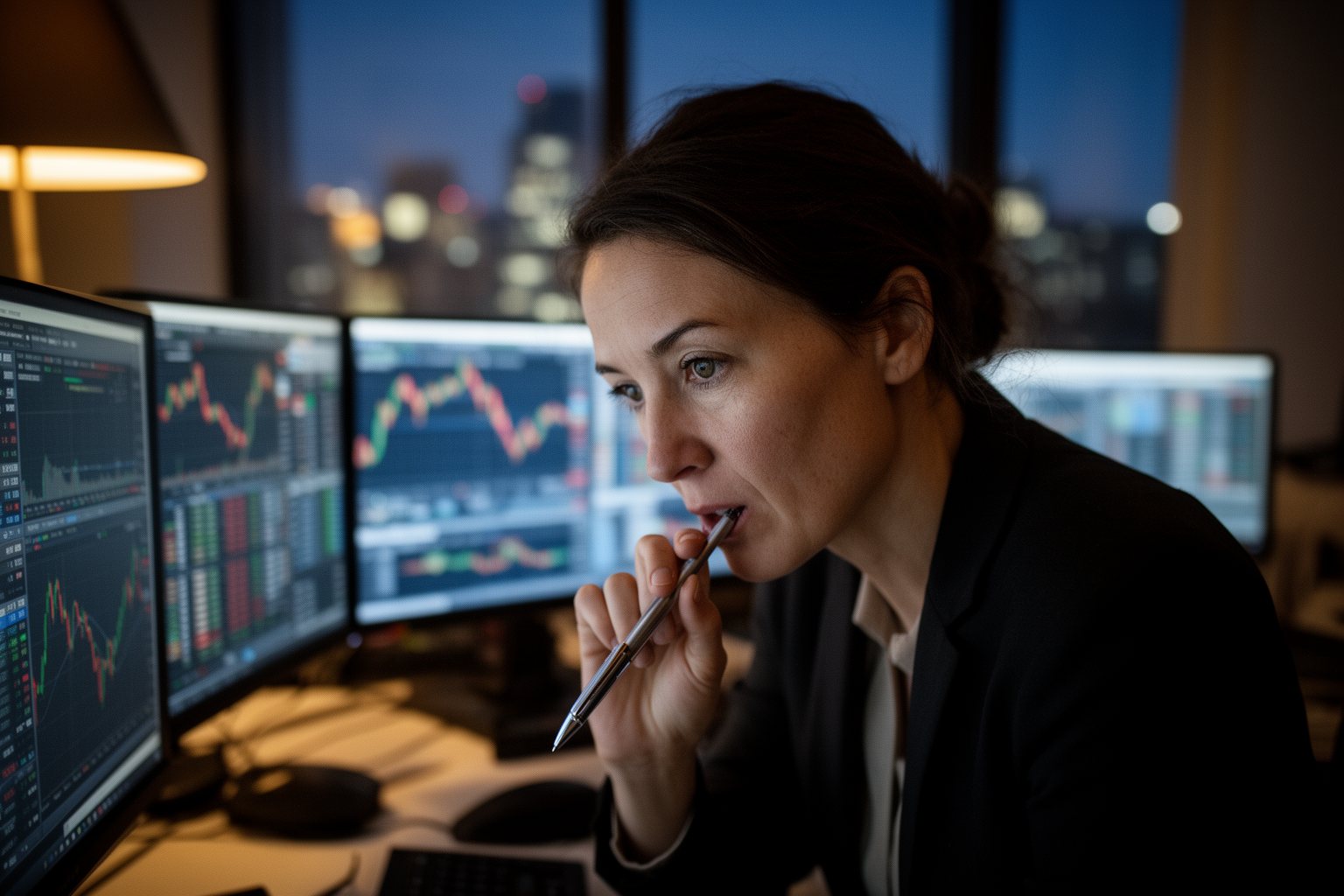 Analyst tracking the VIX and market volatility across several monitors in the evening
