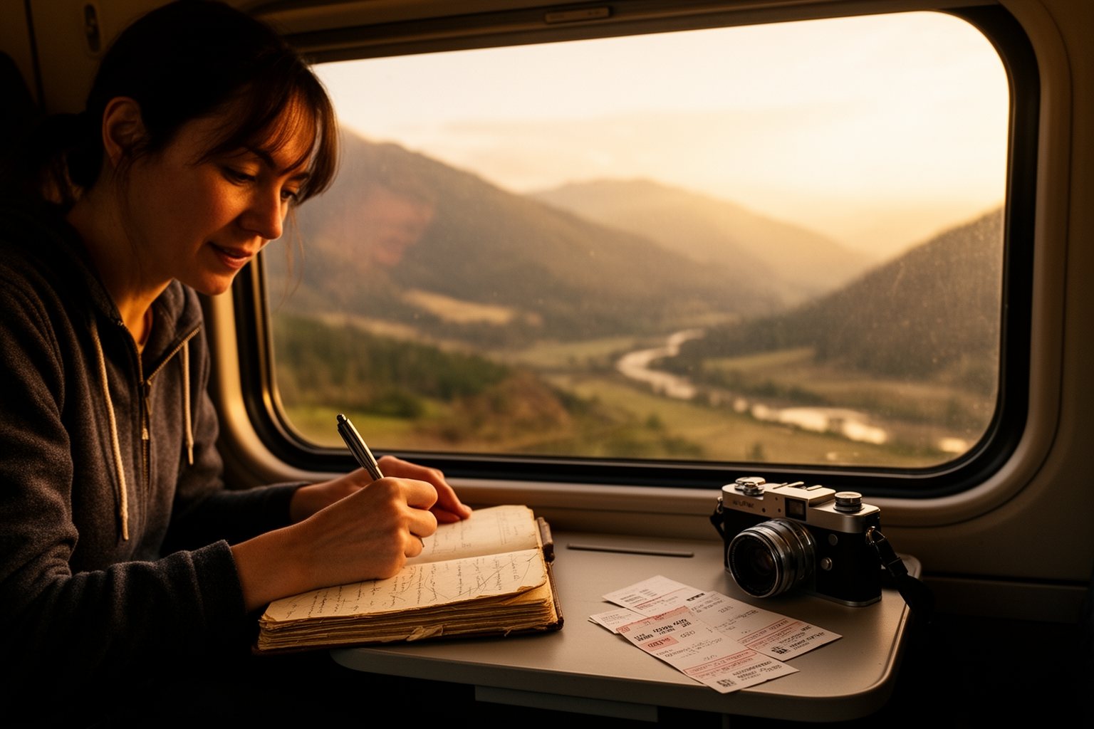 Traveler writing in a journal by a train window, dreaming up the next bucket list trip