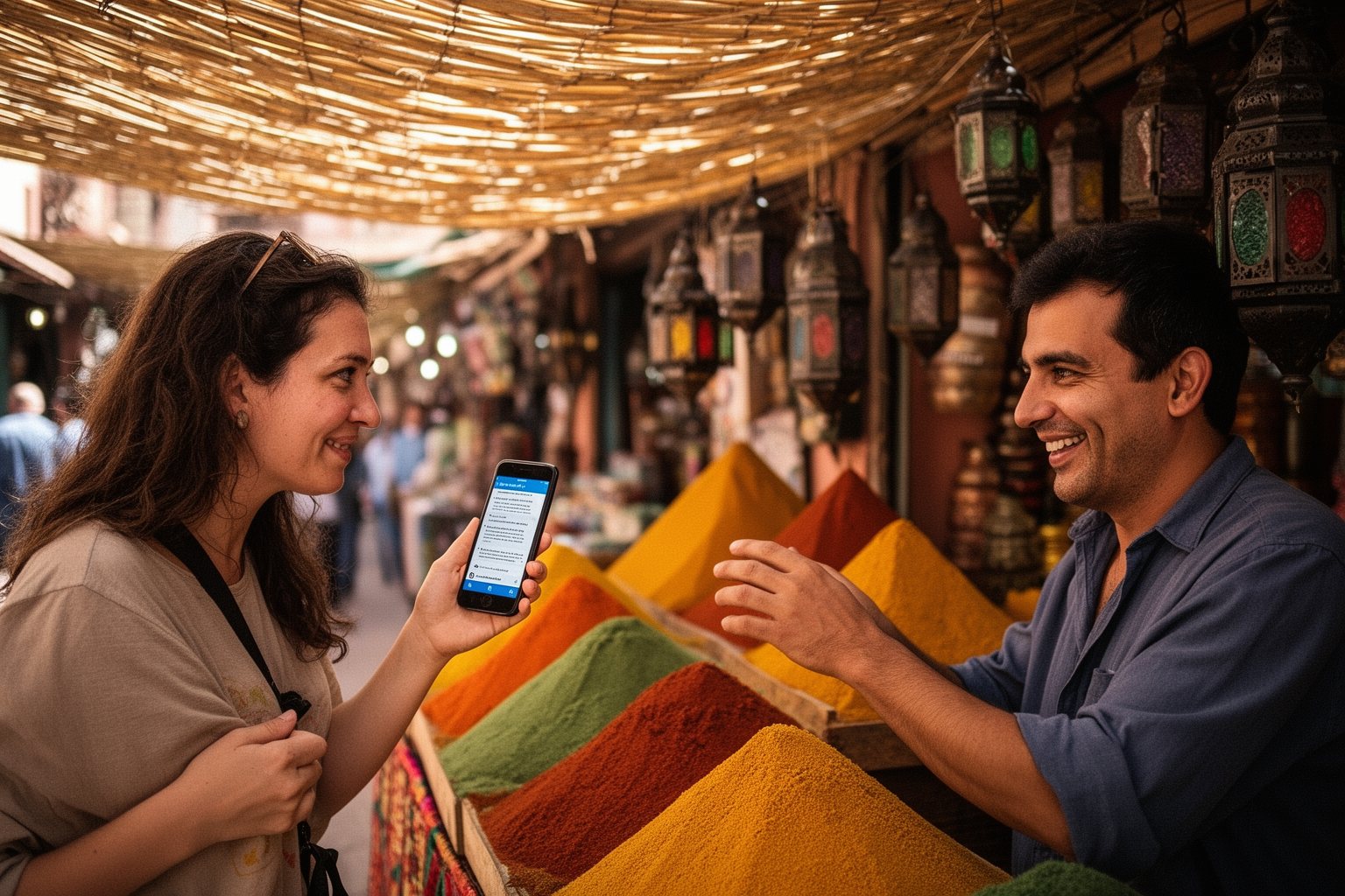 Deciphering AI and Augmented Intelligence: The Game Changers Traveler using a translation app to chat with a spice vendor in a Marrakech market