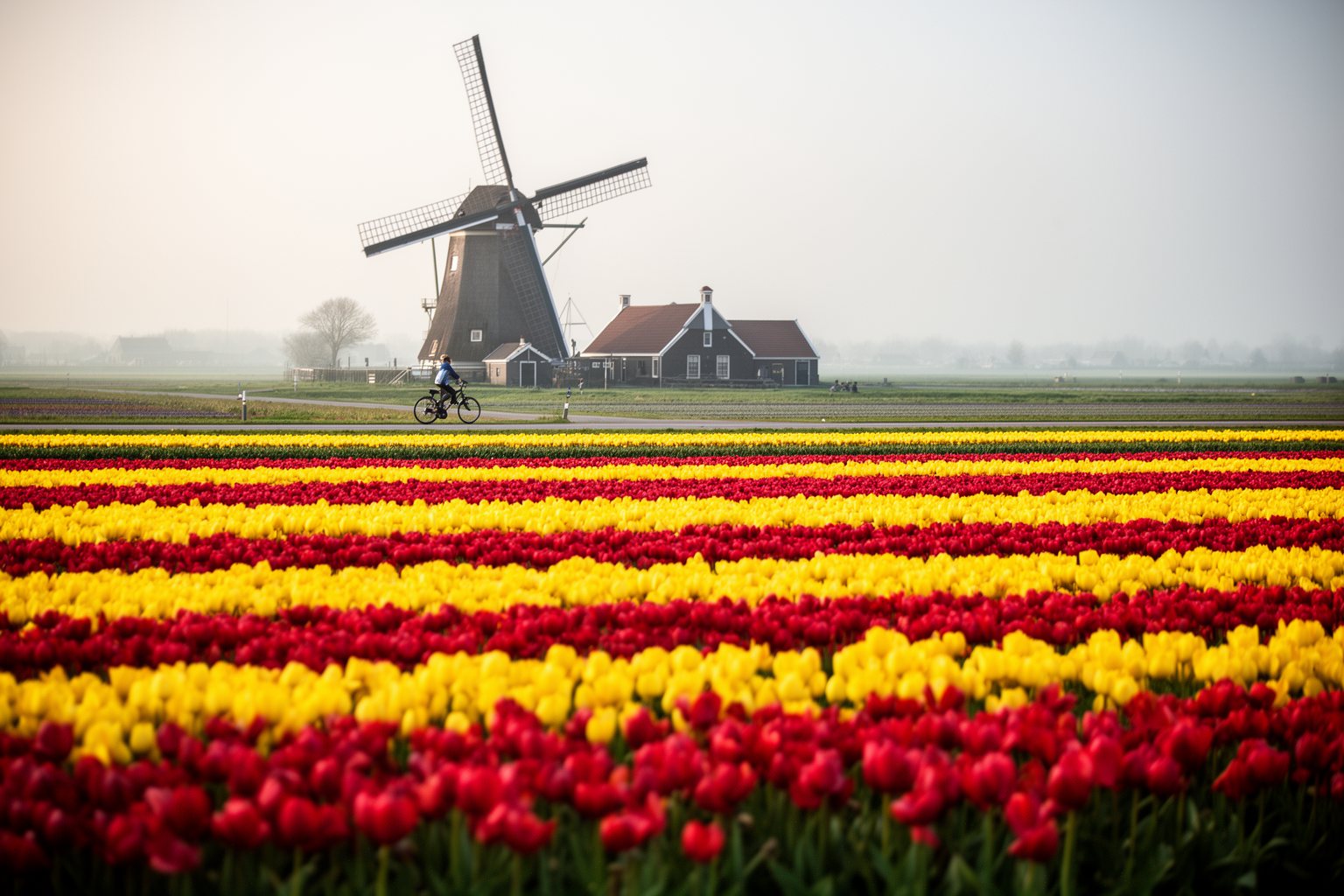 Rows of tulips and a windmill in the Netherlands, recalling tulip mania