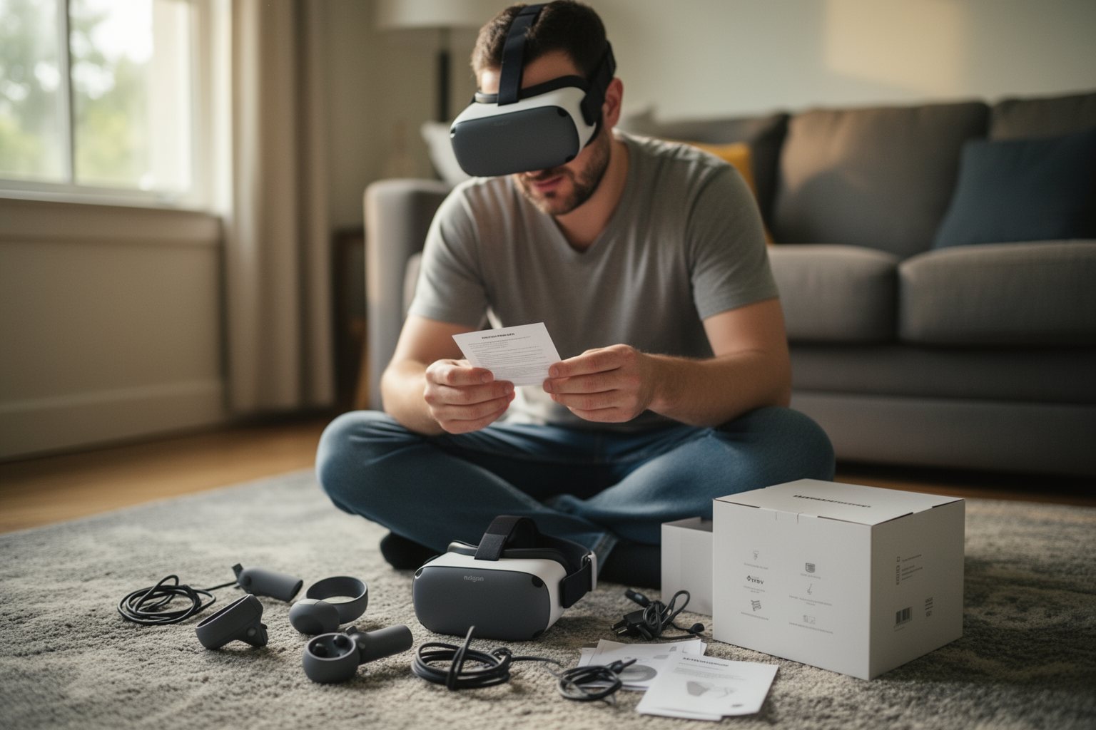 Transforming Realities: The Evolution of VR Gaming Beginner unboxing and setting up a VR headset and controllers on a living room floor