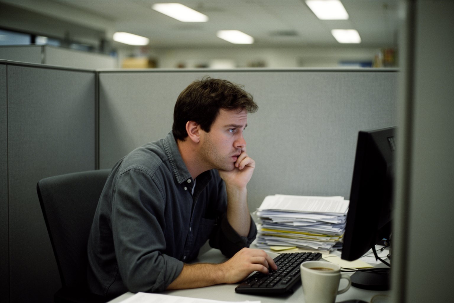 Unhappy office worker slumped at a grey cubicle desk under fluorescent lights