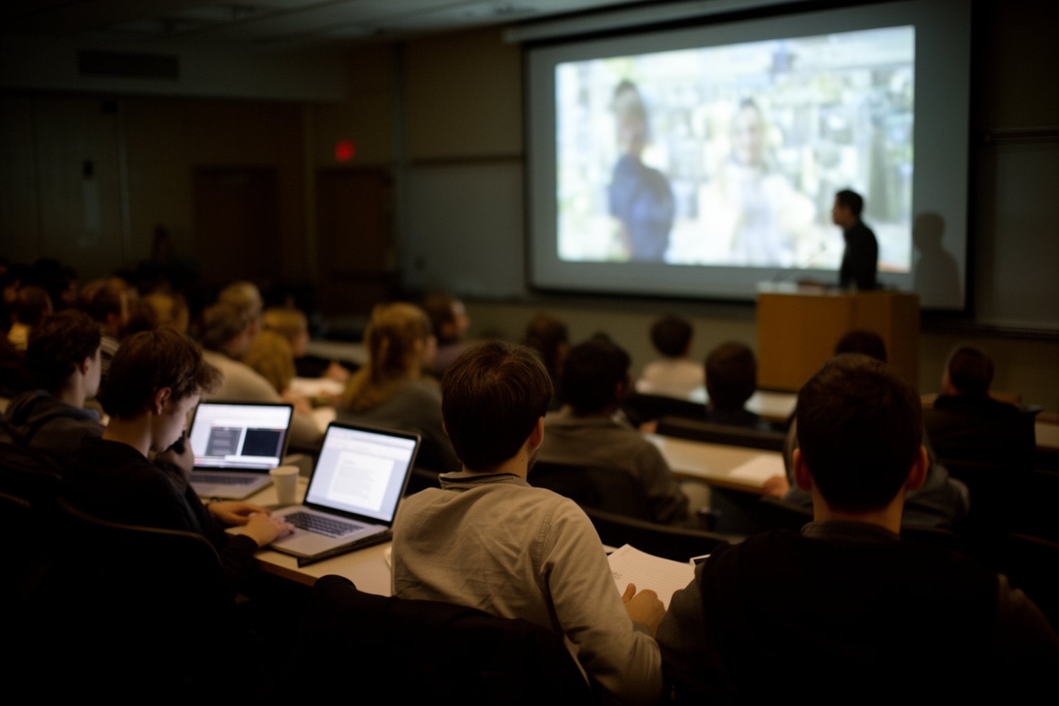 Educational Movie Night: The Art of Learning Through Fun University students watching a documentary in a darkened lecture hall
