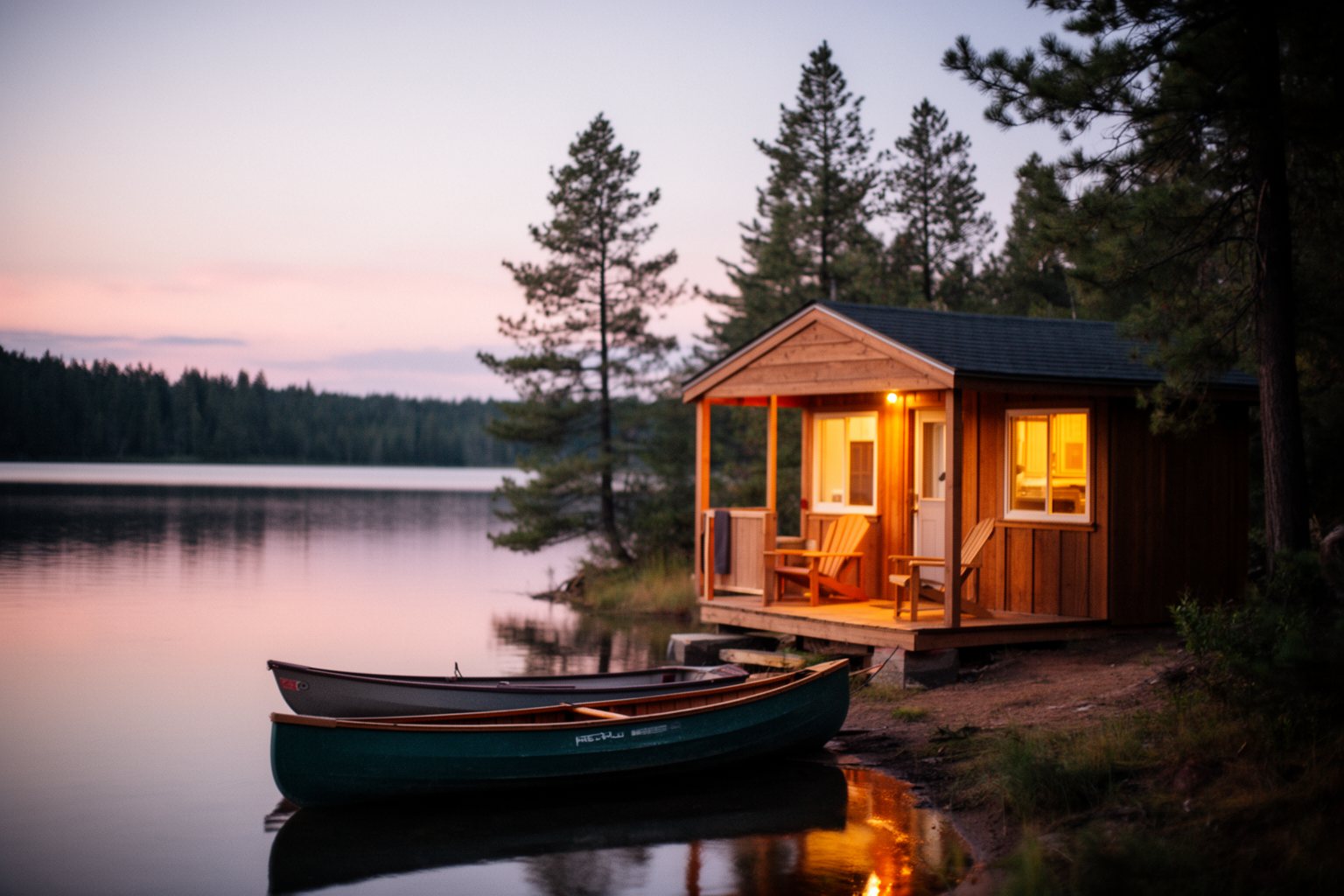 Wooden vacation rental cabin beside a lake at dusk with its porch lights glowing