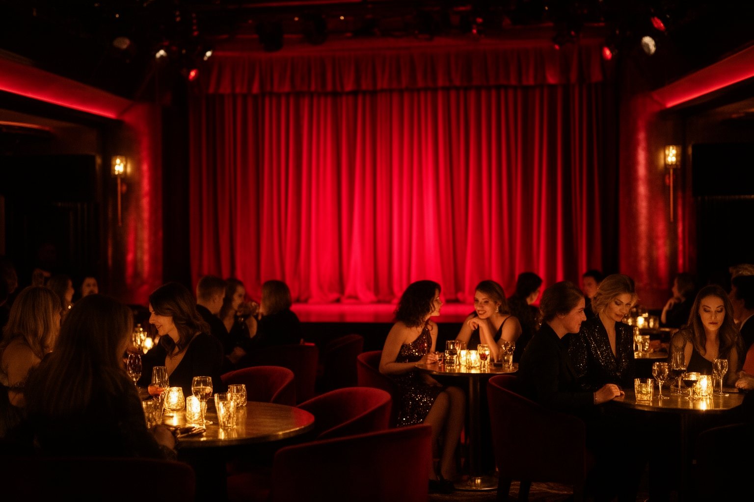 Vegas Nightlife Guide: Clubs, Shows, Casinos and Late Eats Adults at small tables in a red-lit Las Vegas cabaret lounge before an adults-only show