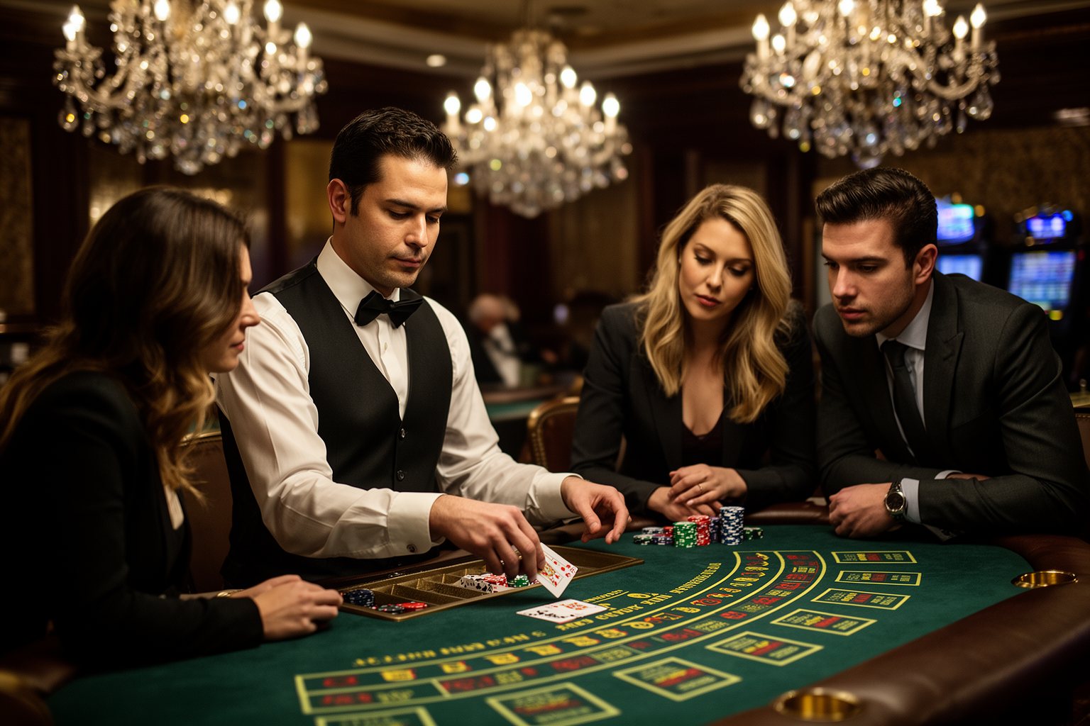 Vegas Nightlife Guide: Clubs, Shows, Casinos and Late Eats Players at a blackjack table in an opulent high-limit Las Vegas casino salon with chandeliers