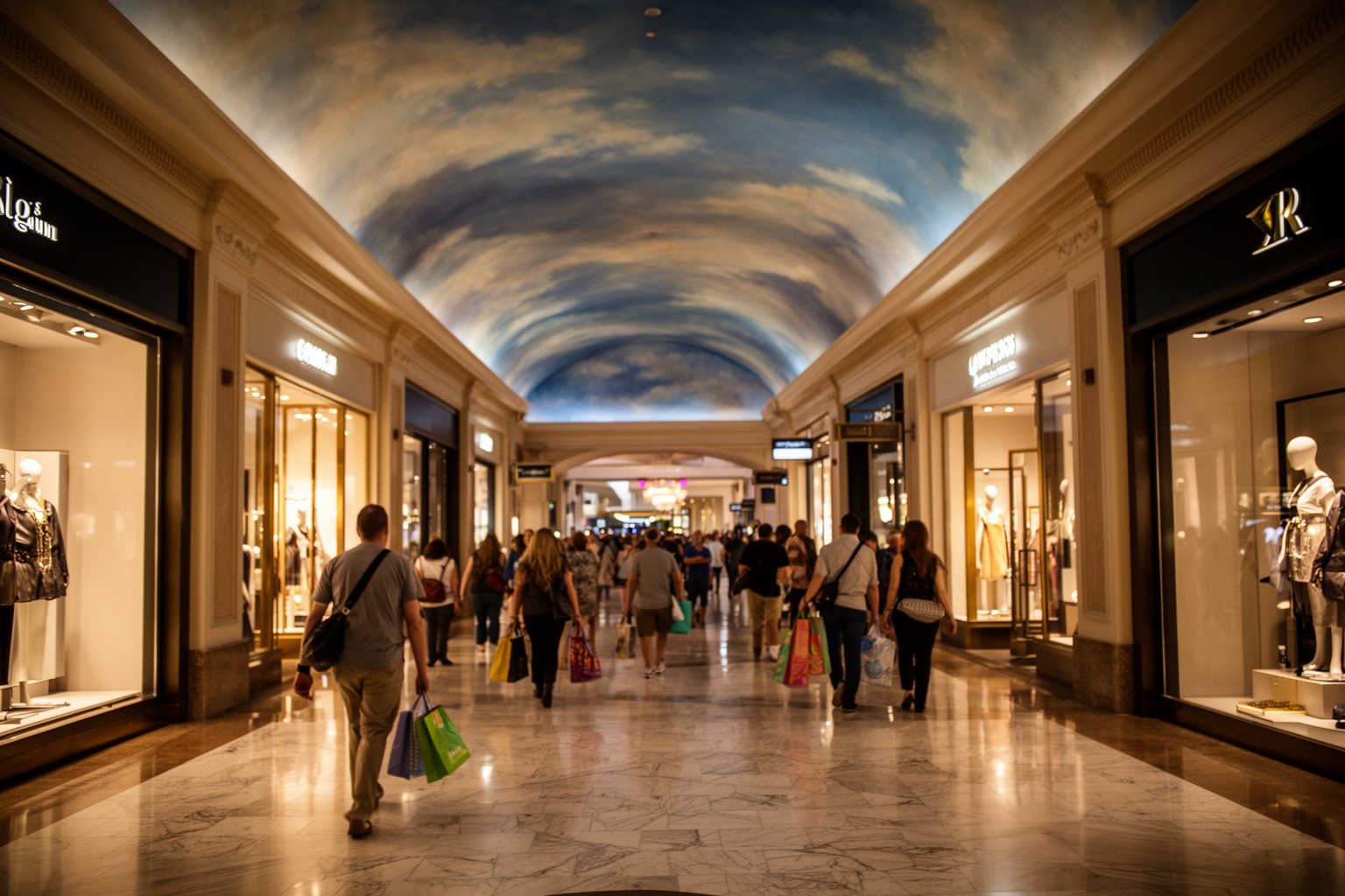 Vegas Nightlife Guide: Clubs, Shows, Casinos and Late Eats Shoppers with bags strolling an indoor Las Vegas shopping promenade late in the evening