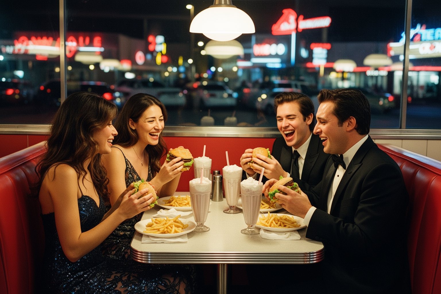 Vegas Nightlife Guide: Clubs, Shows, Casinos and Late Eats Friends in evening clothes sharing burgers and fries in a late-night Las Vegas diner booth