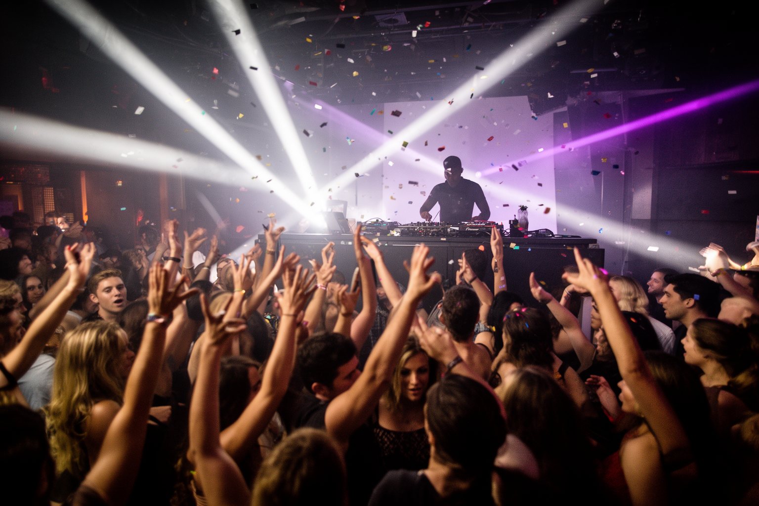 Vegas Nightlife Guide: Clubs, Shows, Casinos and Late Eats Crowd dancing under beams of light in front of a DJ booth at a Las Vegas nightclub