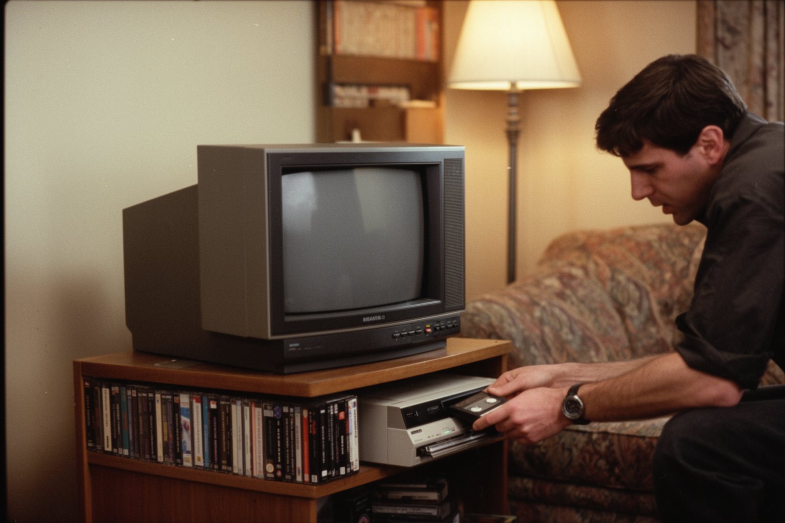 Silver Screen to Home Screen: The Future of Film Viewing Shelf of VHS tapes and a VCR beside an old CRT television in a 1990s living room