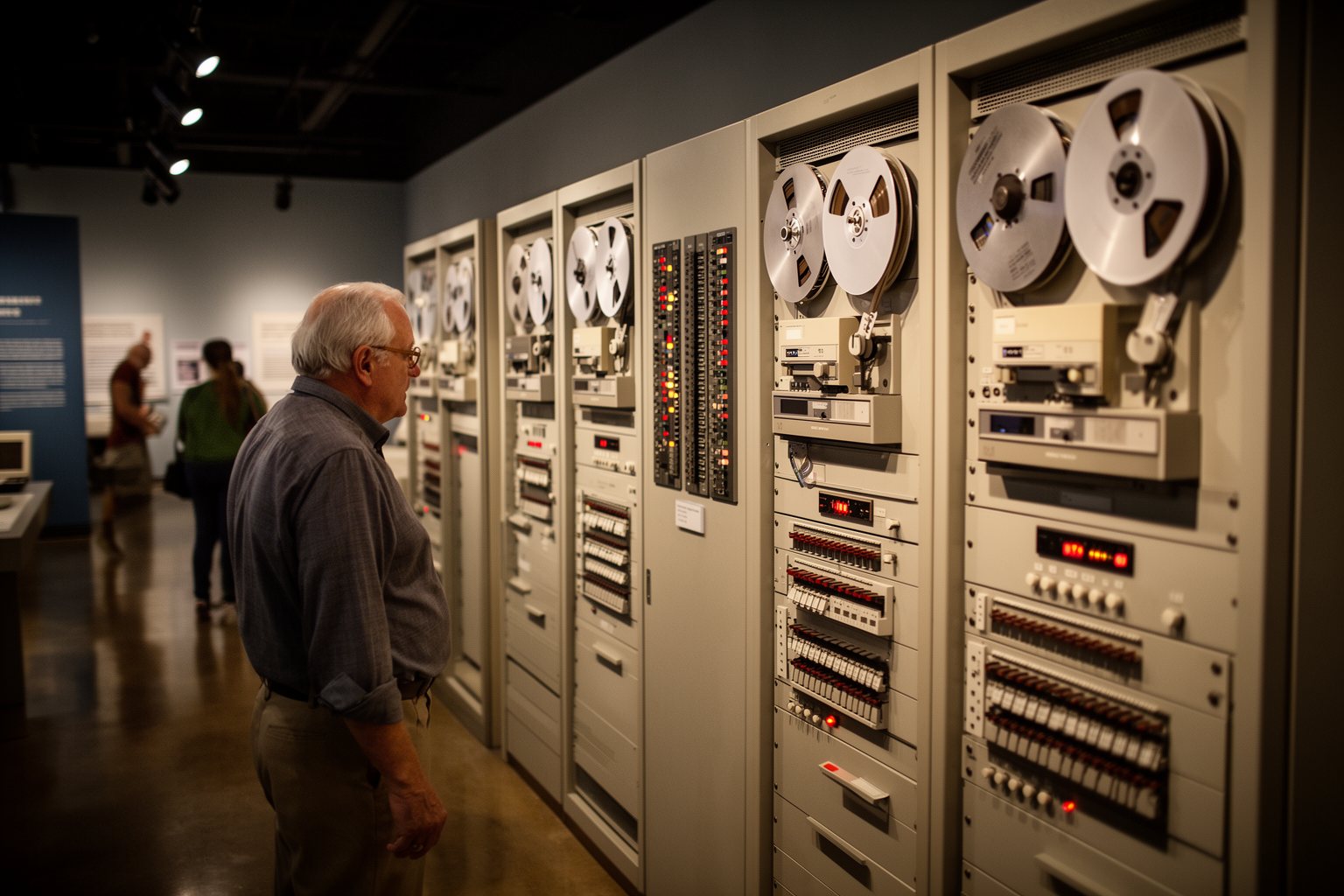 The AI Takeover: Myth or Imminent Reality? Visitor looking at vintage mainframe computers and tape drives in a computer history museum
