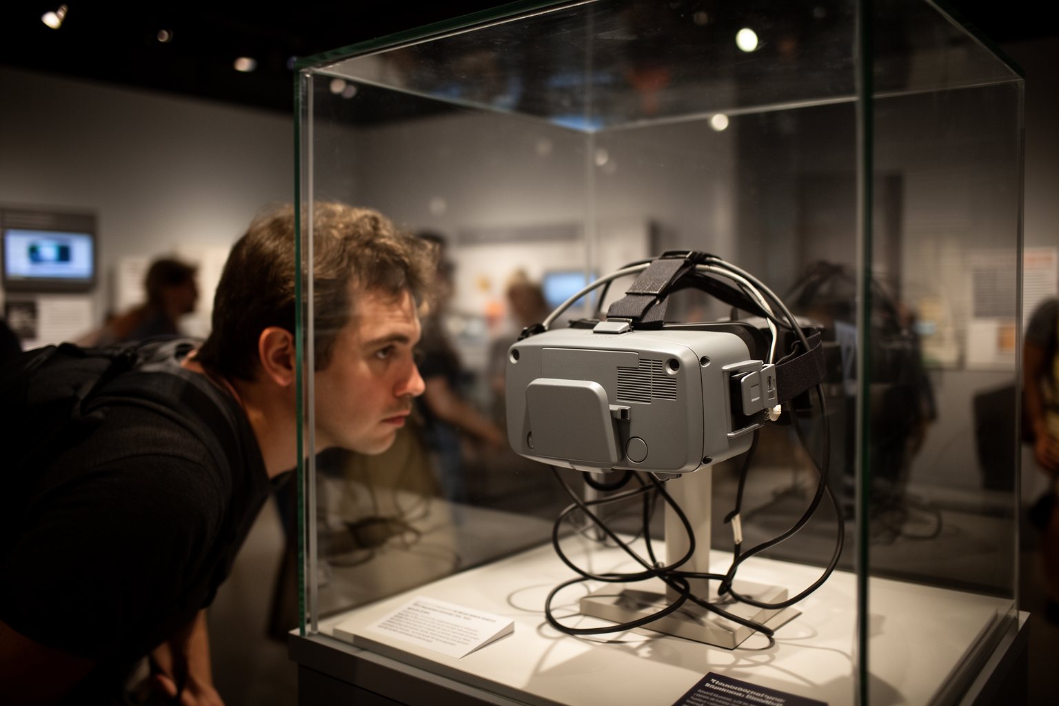 Transforming Realities: The Evolution of VR Gaming Early bulky virtual reality headset on display in a technology museum