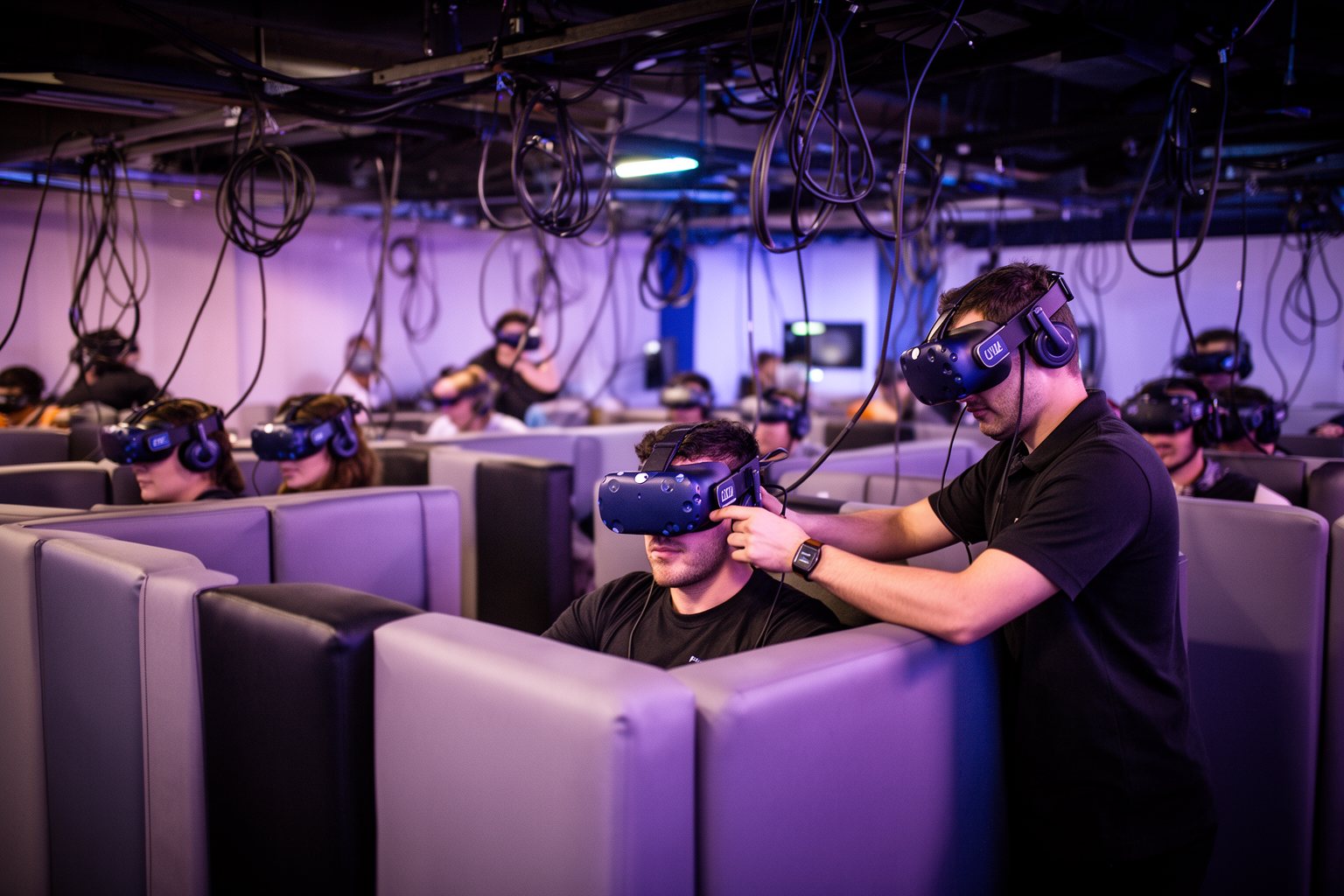 Transforming Realities: The Evolution of VR Gaming Players trying headsets in padded booths at a busy VR arcade
