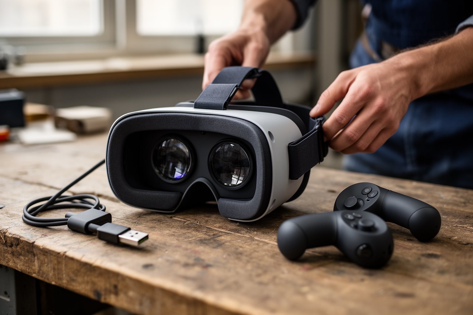 Transforming Realities: The Evolution of VR Gaming Close view of a modern VR headset's lenses and motion controllers on a workbench