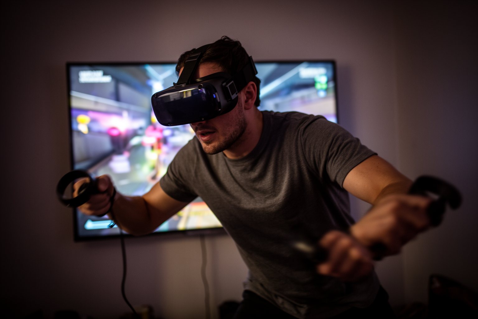 Transforming Realities: The Evolution of VR Gaming VR player ducking and turning mid-game in a dim room lit by a colourful screen
