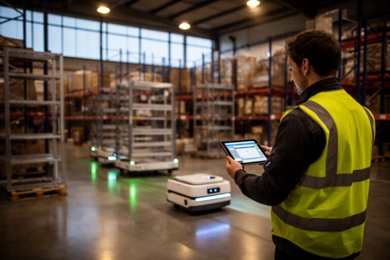 Warehouse worker with a tablet overseeing autonomous robots moving shelving units