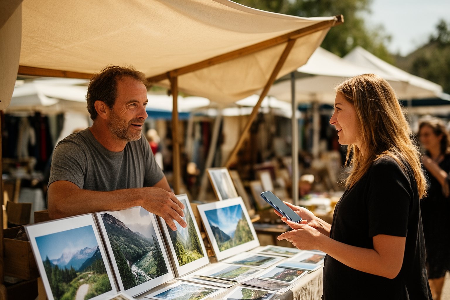 The Art of Building Wealth Man selling his photo prints at a weekend market stall as an extra income stream
