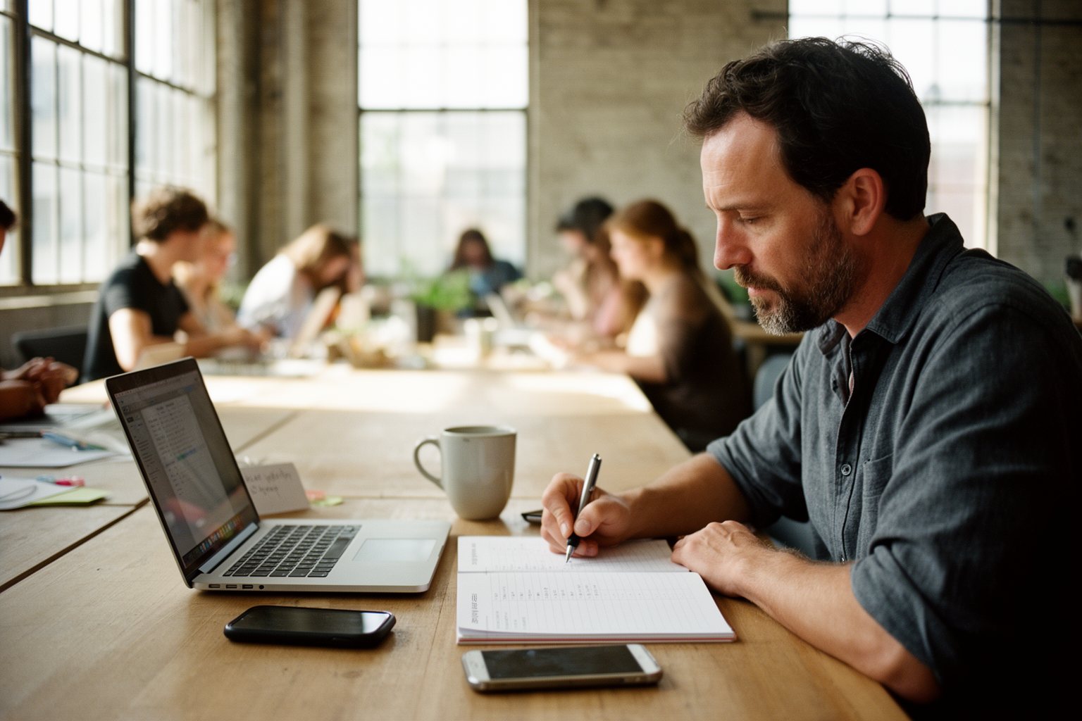 The Secret to Making Money in Your Sleep: Best Passive Income Side Gigs Man reviewing his side gigs with a weekly planner and laptop in a coworking space