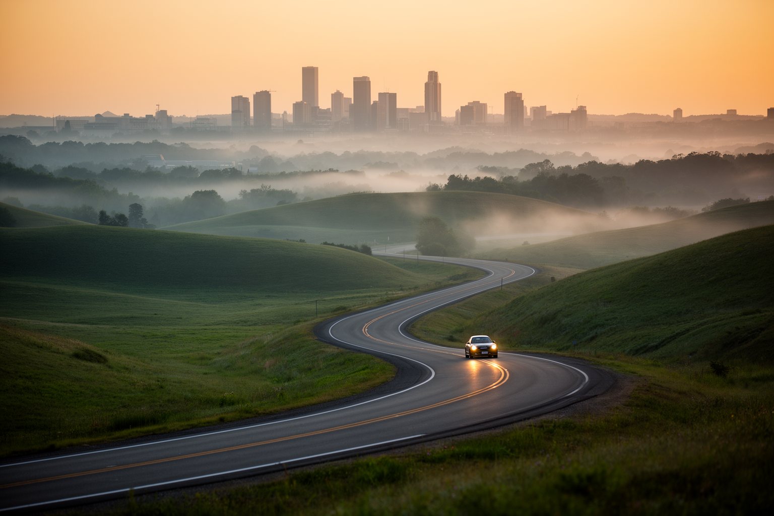 The Art of Building Wealth Winding road through hills toward a distant city skyline at sunrise, the road to wealth