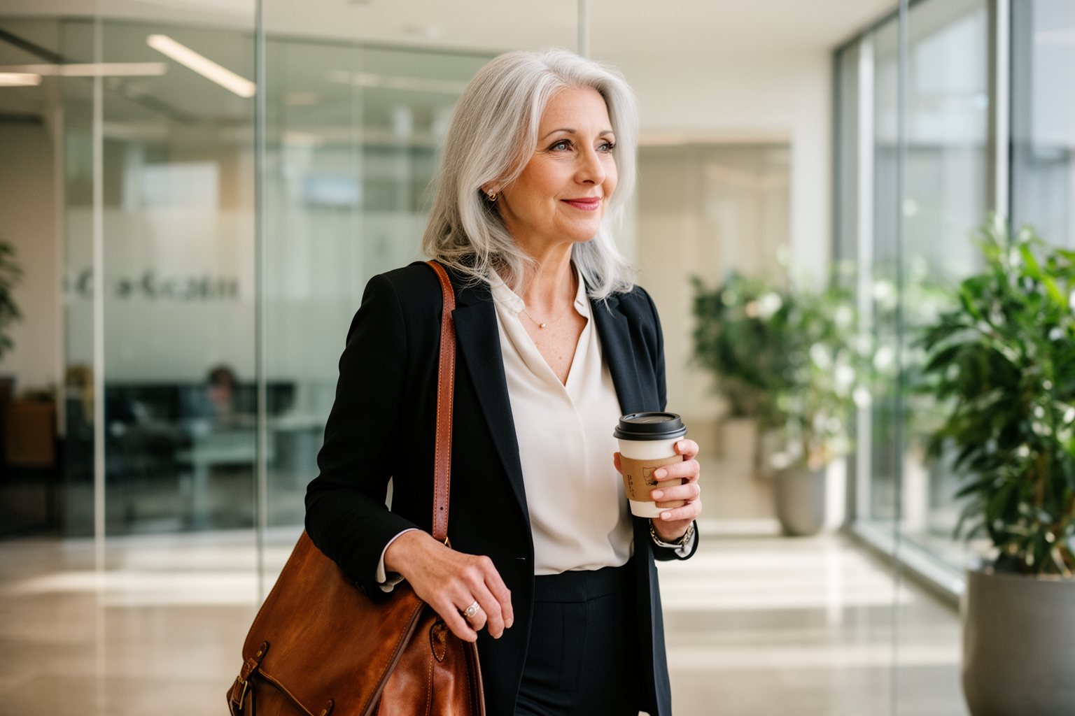 Unemployment in Your 50s: From Jobless to Joyful Confident woman in her fifties walking into a modern office on the first day of a new job
