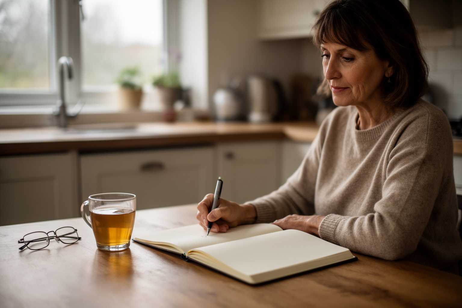 Woman journaling at her kitchen table with tea while exploring a new career direction