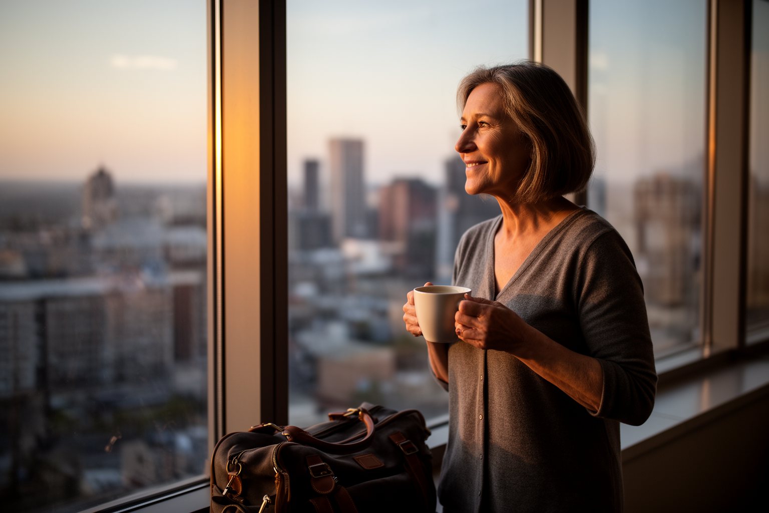 Woman reflecting at a window at sunset with coffee after a successful career change