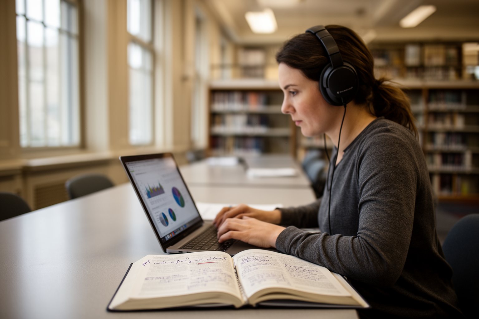 Navigating the AI Apocalypse: Preparing for the Future Through Adaptability and Lifelong Learning Woman studying data analysis skills on a laptop at a library table