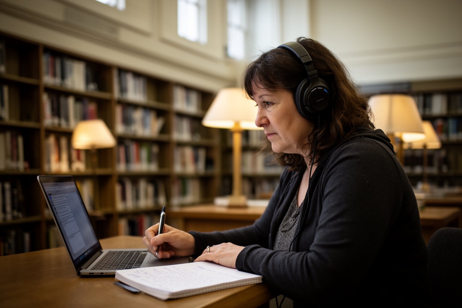 Online Wealth Creation: E-commerce, Blogging and Crypto Woman taking an online course with headphones and handwritten notes in a library
