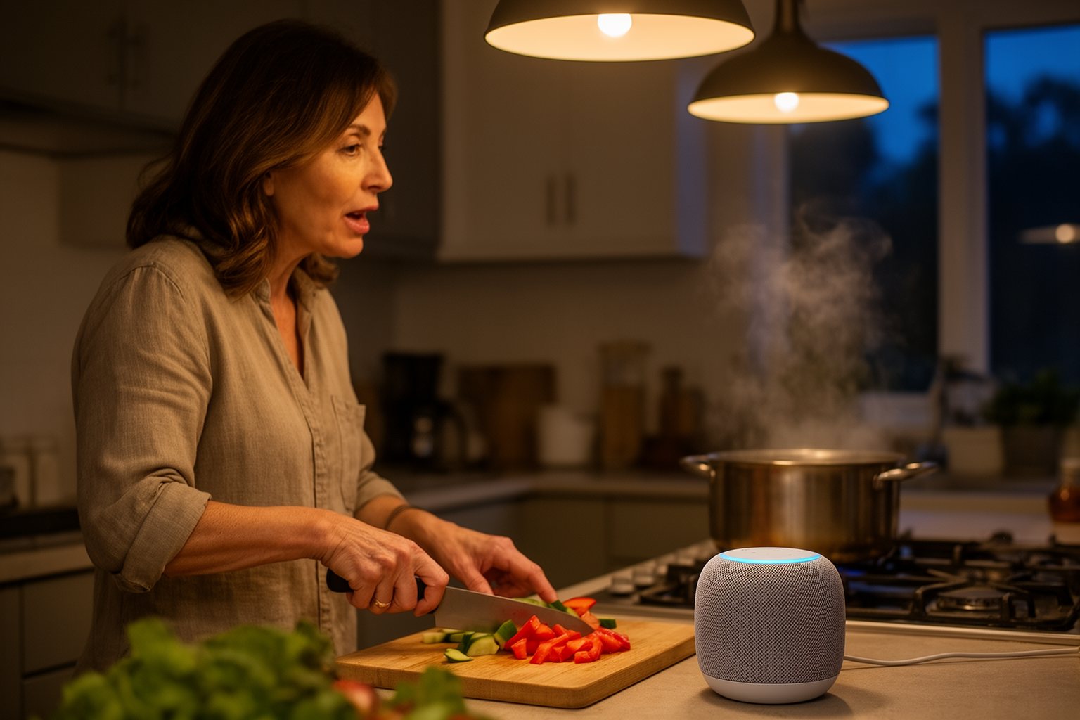 The AI Takeover: Myth or Imminent Reality? Woman asking a smart speaker for help while cooking dinner in her kitchen