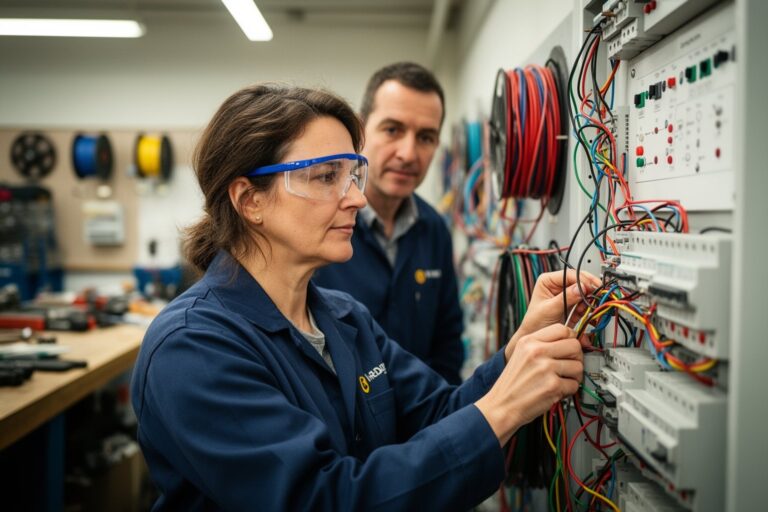 Woman in her forties retraining as an electrician in a vocational workshop