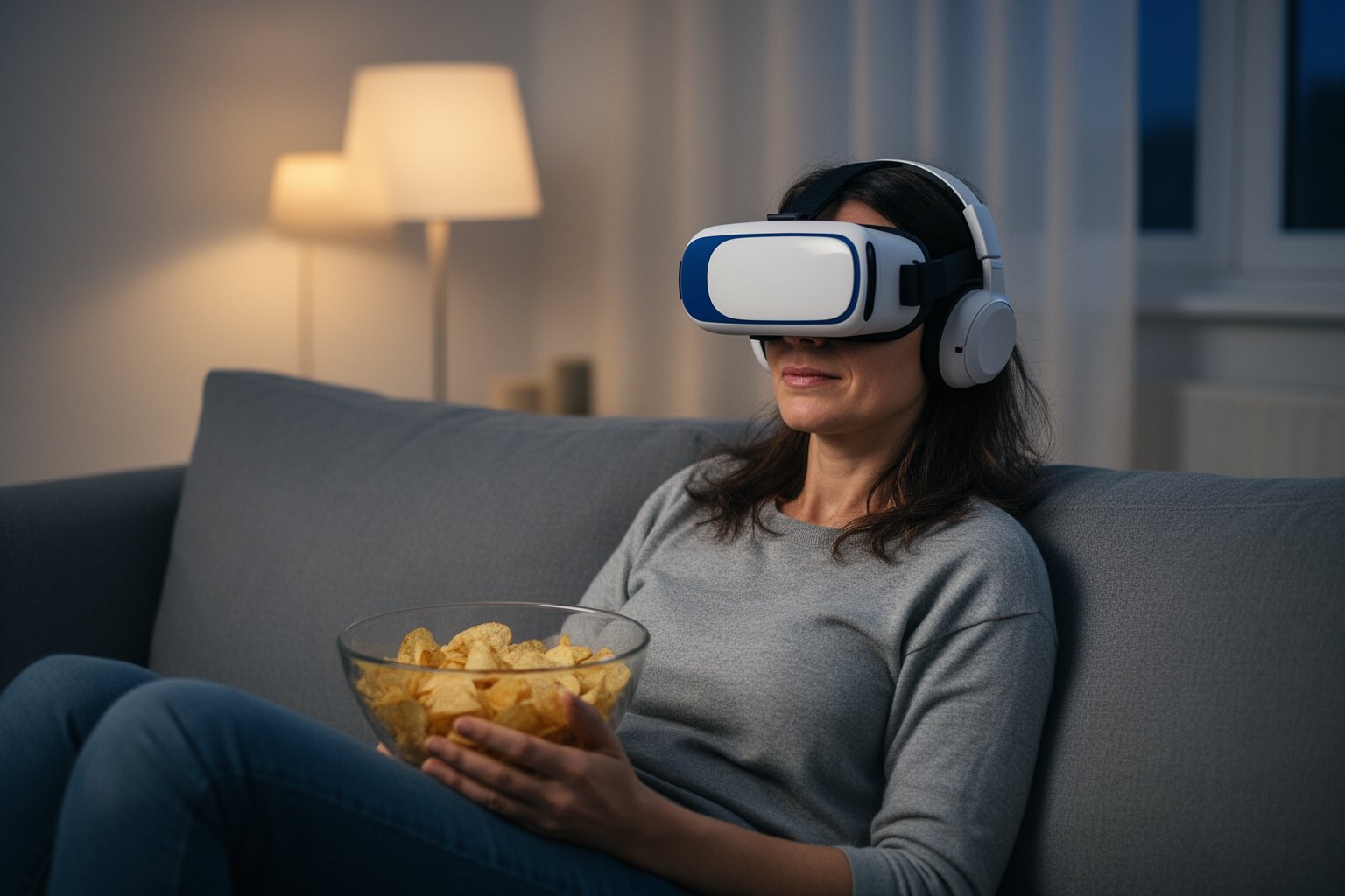 Silver Screen to Home Screen: The Future of Film Viewing Woman watching a film in a VR headset while relaxing on her sofa