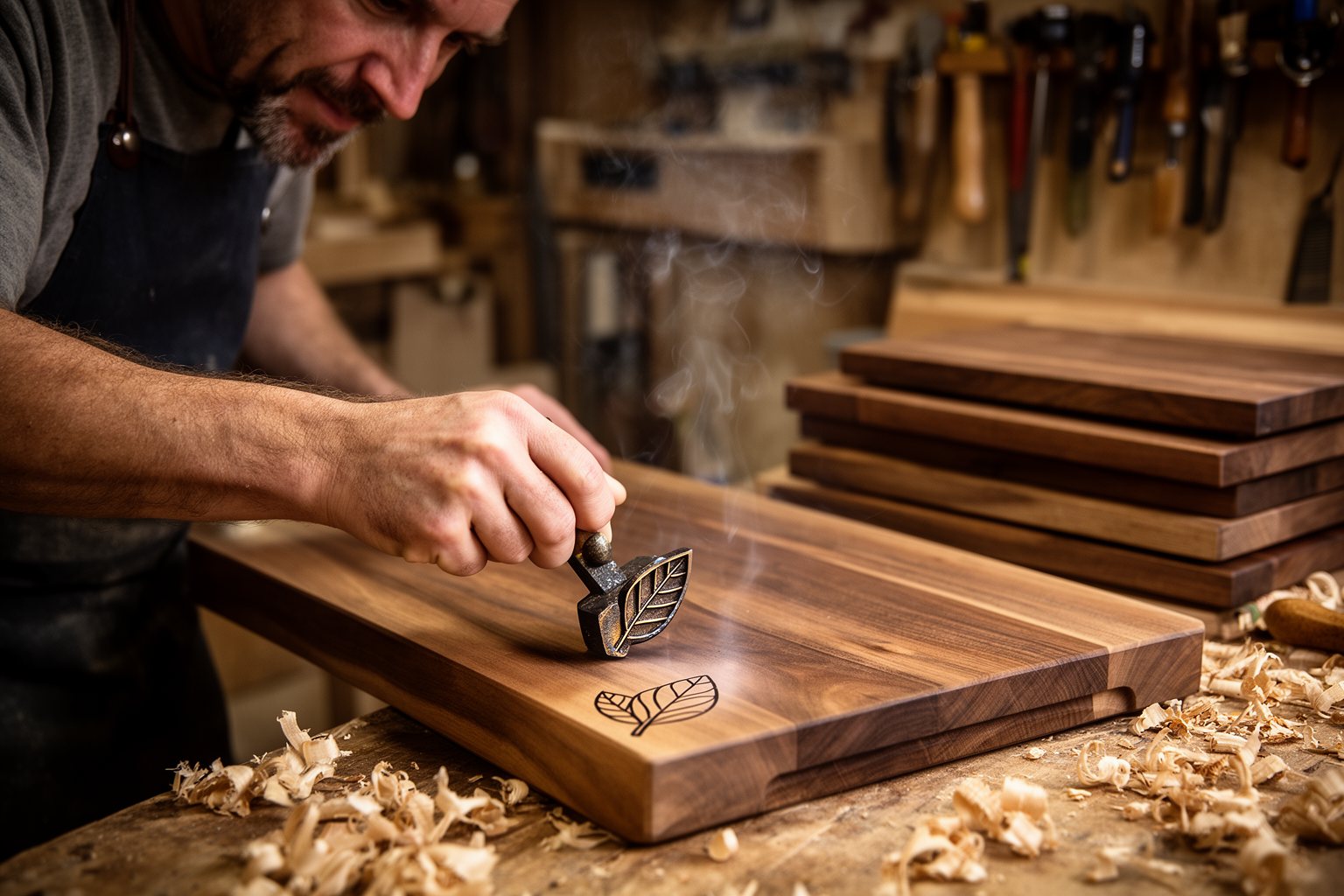 Maximizing Profits: The Art of Selling on Etsy Woodworker branding a simple leaf mark onto a handmade cutting board