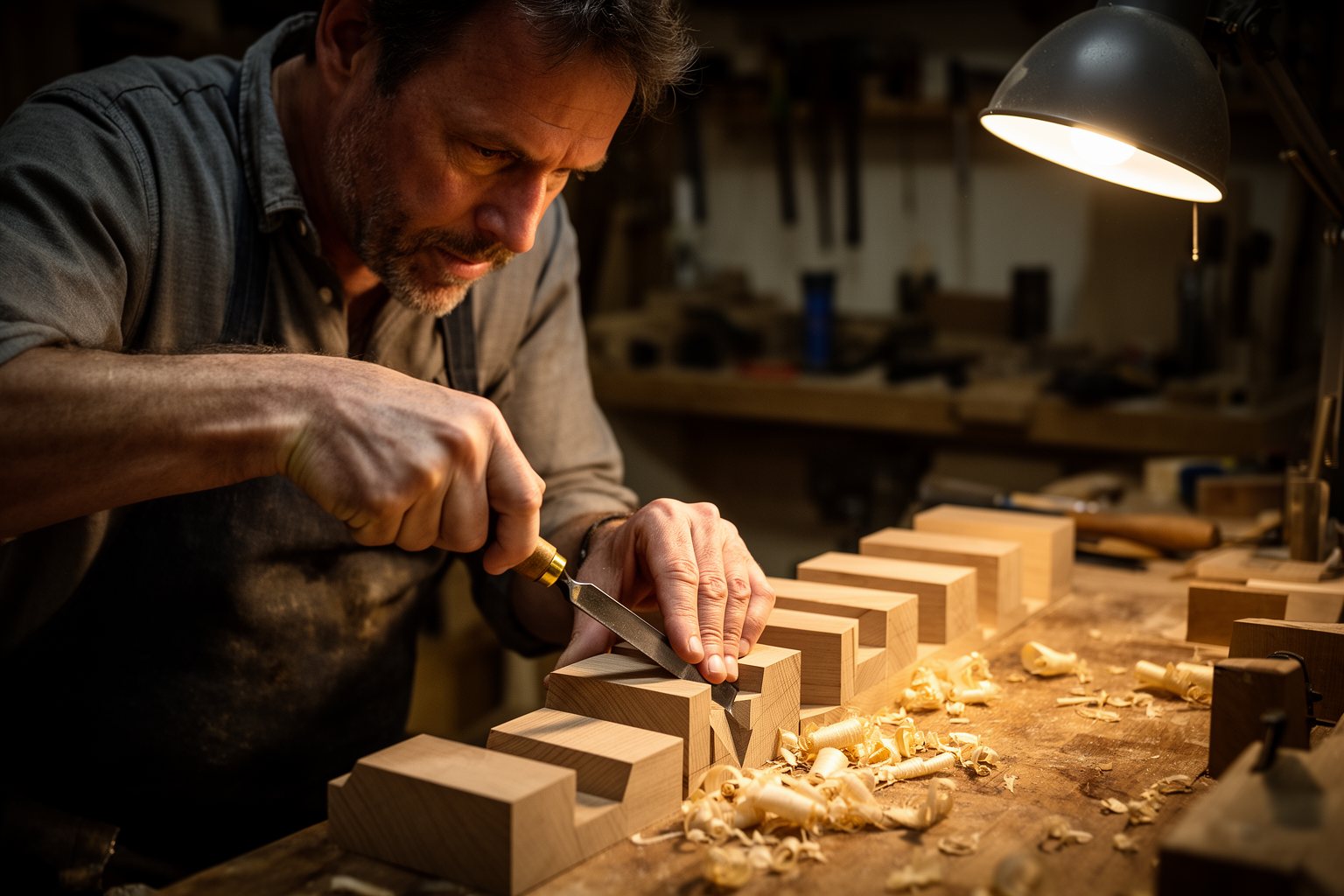 Woodworker refining a joint in a workshop, practising to keep improving