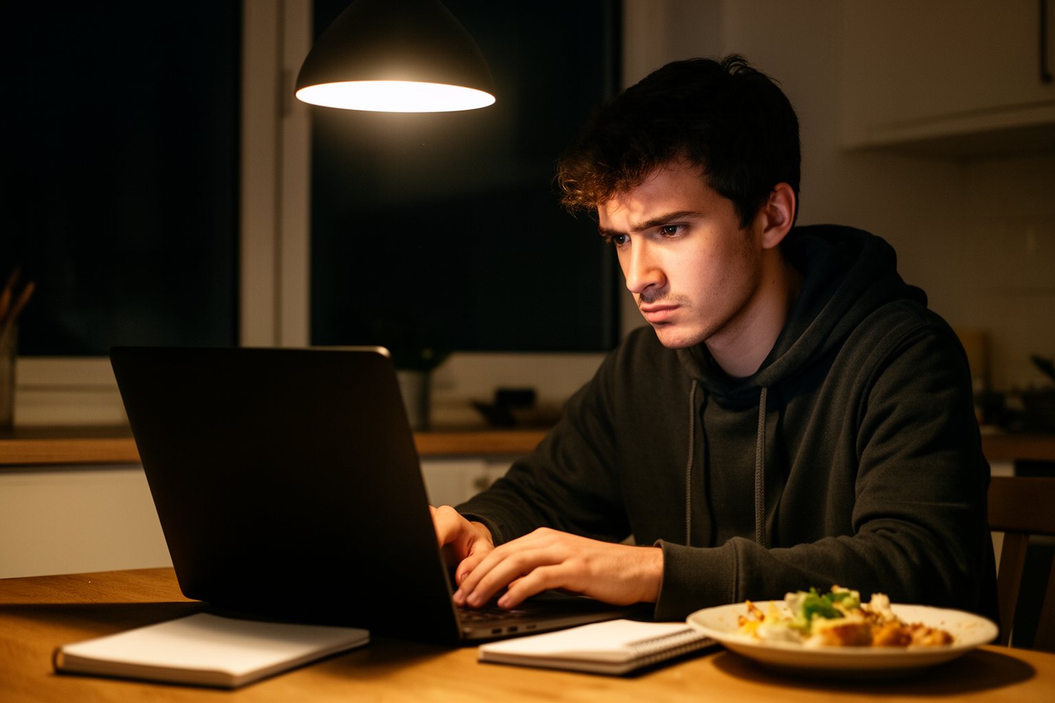 The Secret to Making Money in Your Sleep: Best Passive Income Side Gigs Young man working late on a side gig at a kitchen table under a pendant lamp