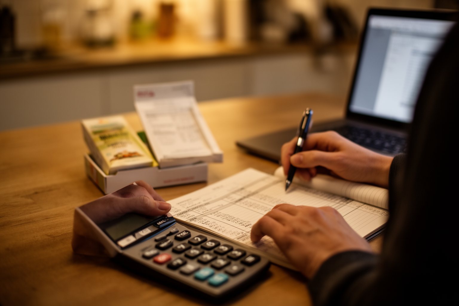 Maximize Your Profits: Amazon Money Making Guide Seller working out prices with a calculator, notebook and product sample at a kitchen table