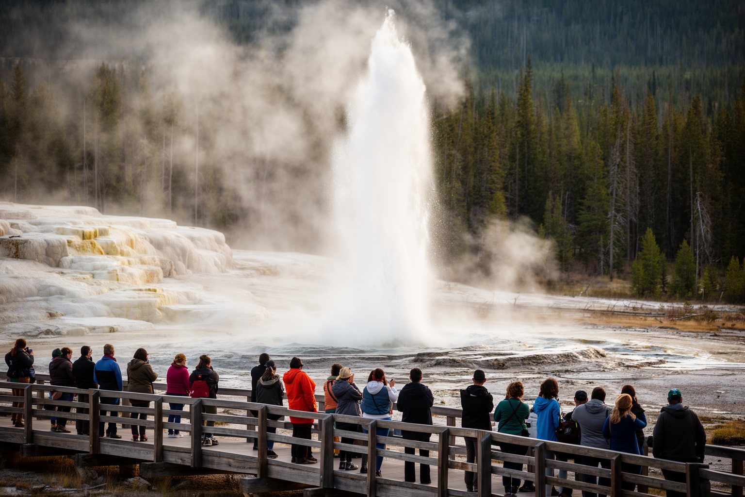 Visitors on a boardwalk watching a geyser erupt in Yellowstone National Park