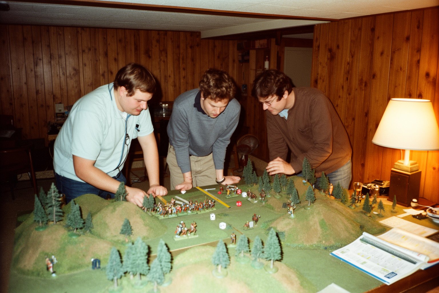 Delving Deep: The Hidden World of RPG Games Players moving miniature figures across a terrain board in a 1970s-style wargame