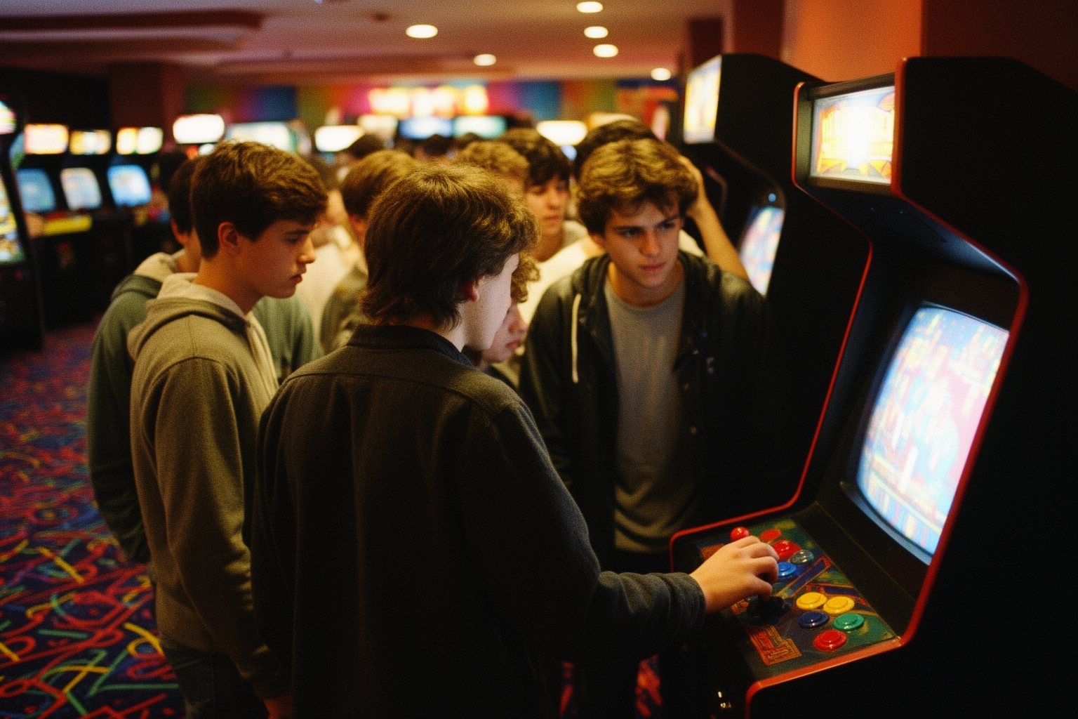 Esports and Social Networks: How Communities Drive Growth Players crowding around an arcade cabinet in a 1980s-style arcade competing for a high score