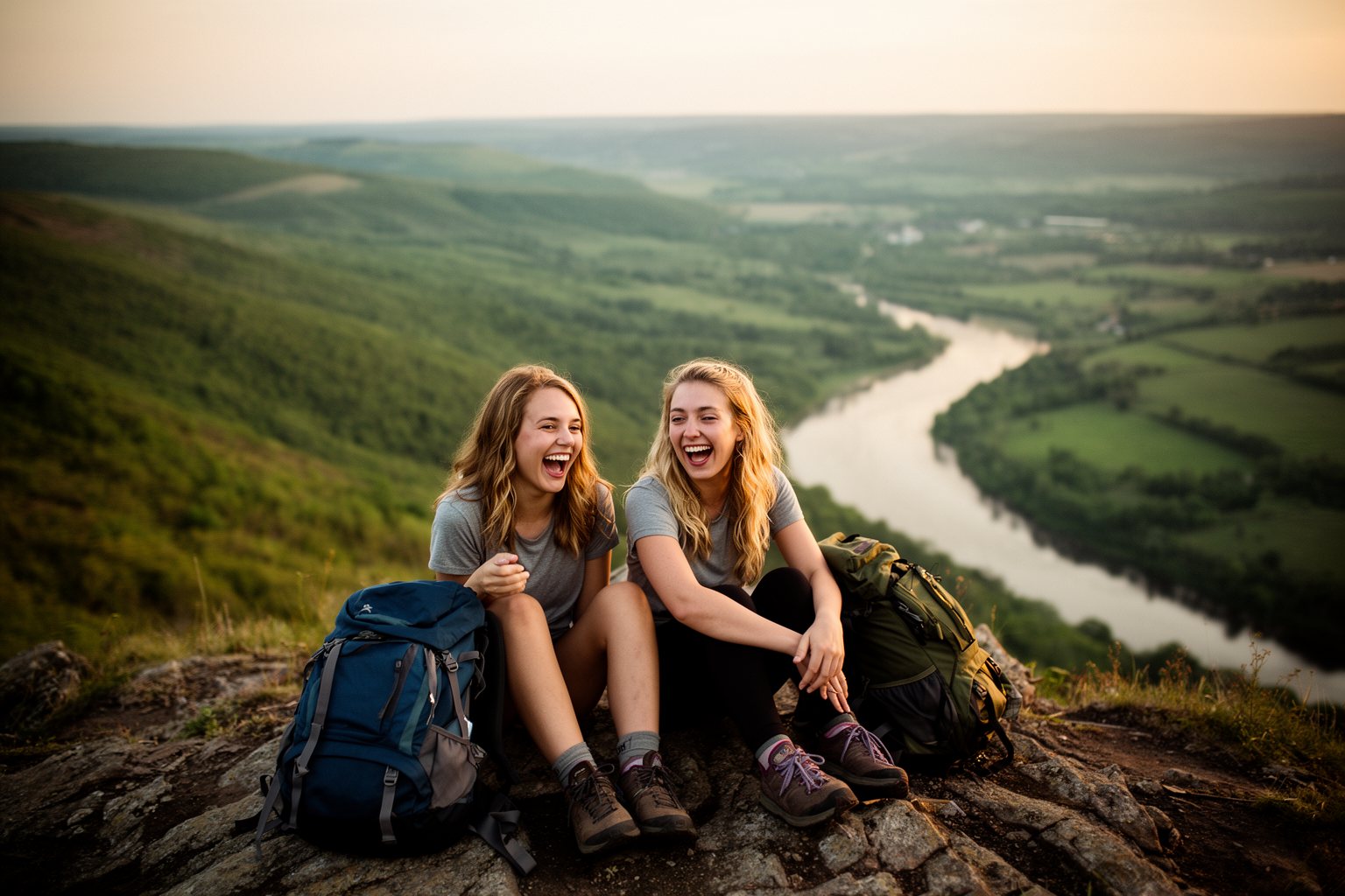 Raising Teenage Twins: The Teen Years and Beyond Adult twin sisters laughing together on a hilltop after a hike