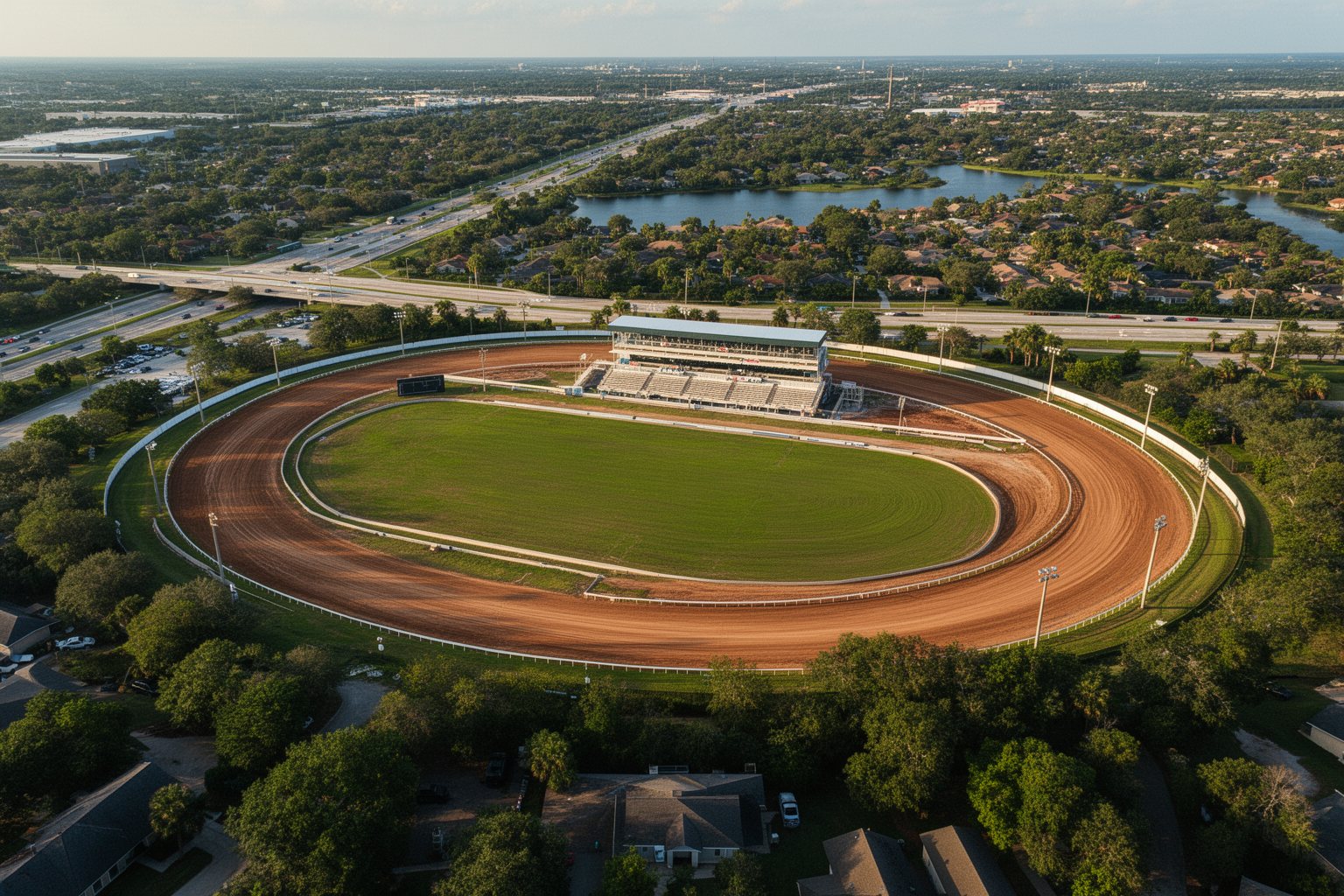 10 Reasons Why Tampa Bay Downs Should Be Your Next Destination Aerial view of the Tampa Bay Downs racetrack oval surrounded by suburban Florida
