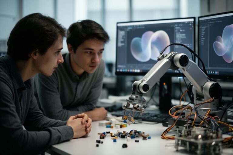 Researchers watching a robotic arm solve a task in an AI lab, weighing AI against human intelligence
